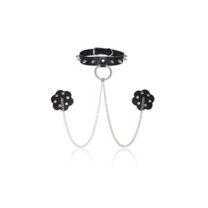 PU Leather Neck Contraint with Studs & Flower Nipple Caps