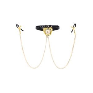 PU Leather Neck Strap with Gold Chains & Nipple Clamps